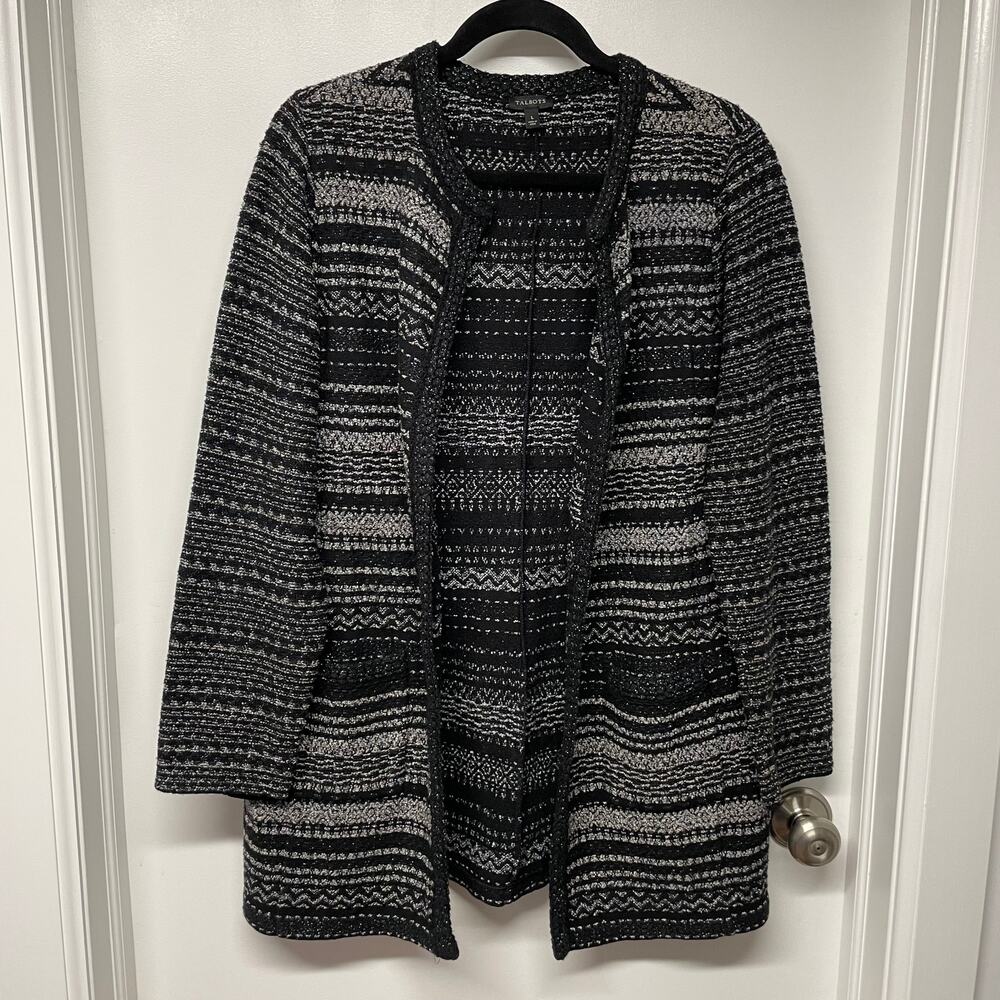 Talbots Womens Coatigan Black Gray Open Cardigan Jacket Size Large Metallic